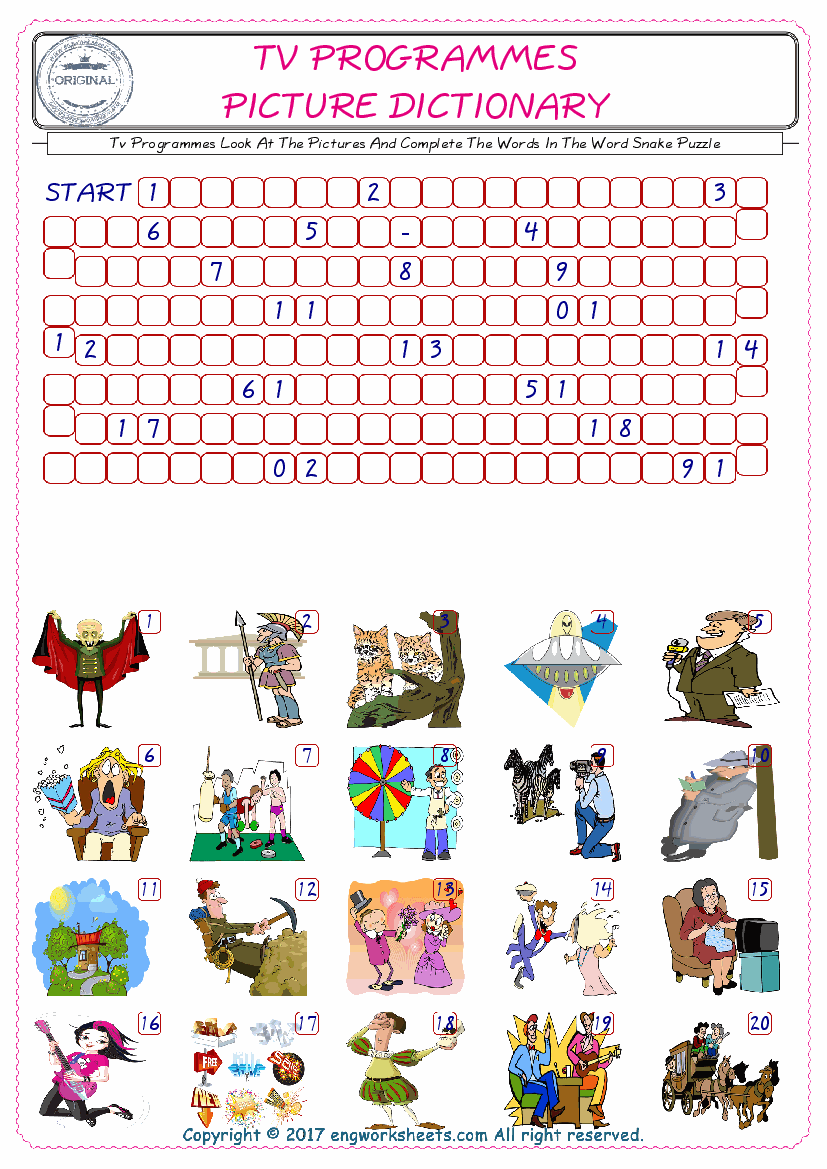  Check the Illustrations of Tv Programmes english worksheets for kids, and Supply the Missing Words in the Word Snake Puzzle ESL play. 